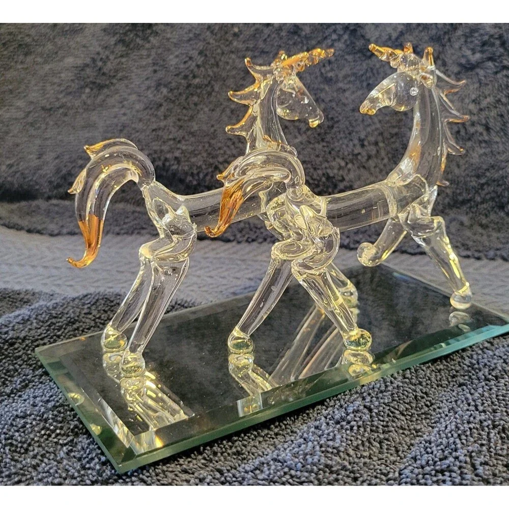 Vintage Blown Art Glass Unicorns with Gold Trim on Beveled Mirror Base - 1980's